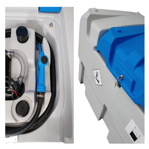 440 litre Portafuel AdBlue dispensing tank, details, AdBlue skid unit, Blue cover, grey plastic Atlantis